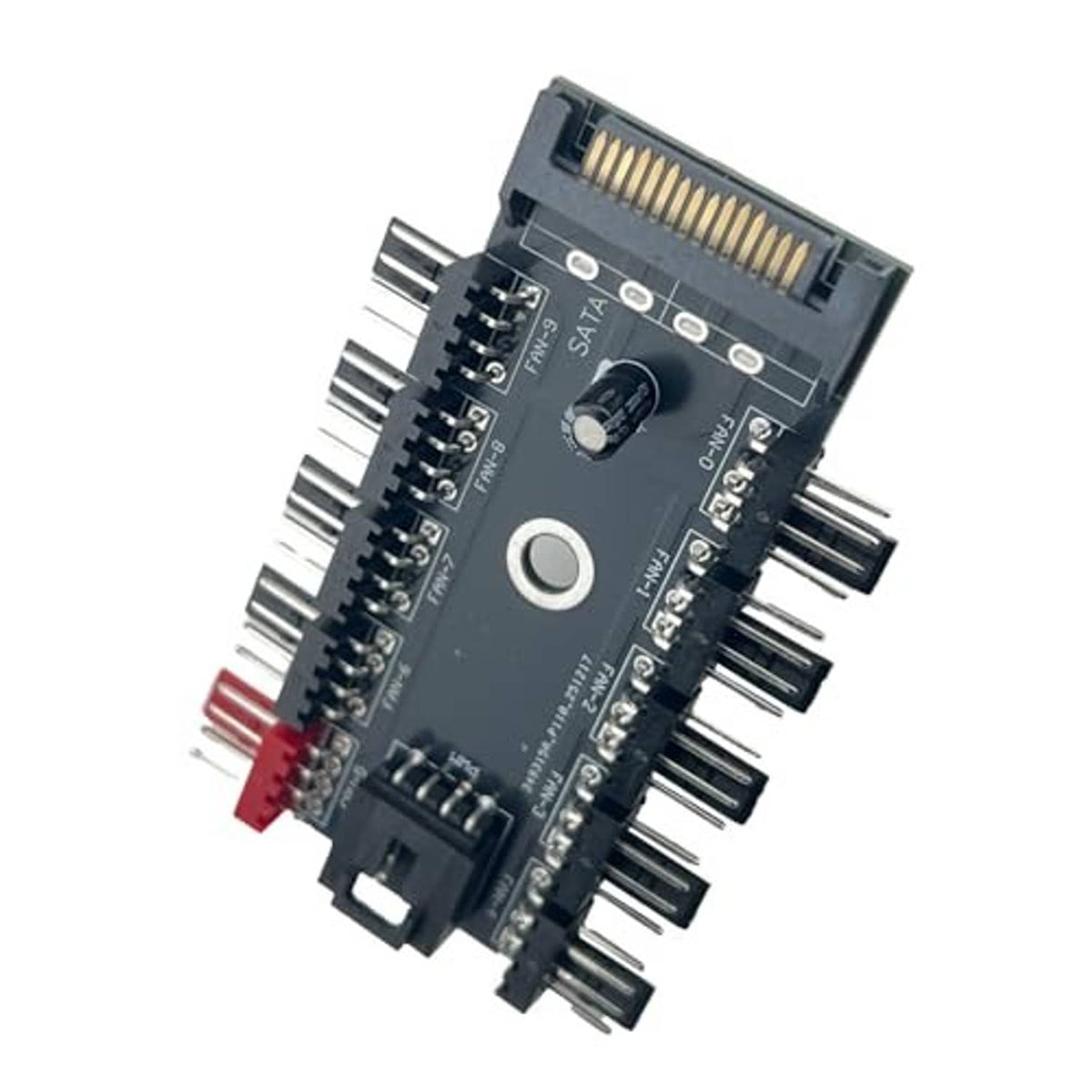10-way PWM fan hub PCB with circular mounting holes and rows of 4-pin fan connectors