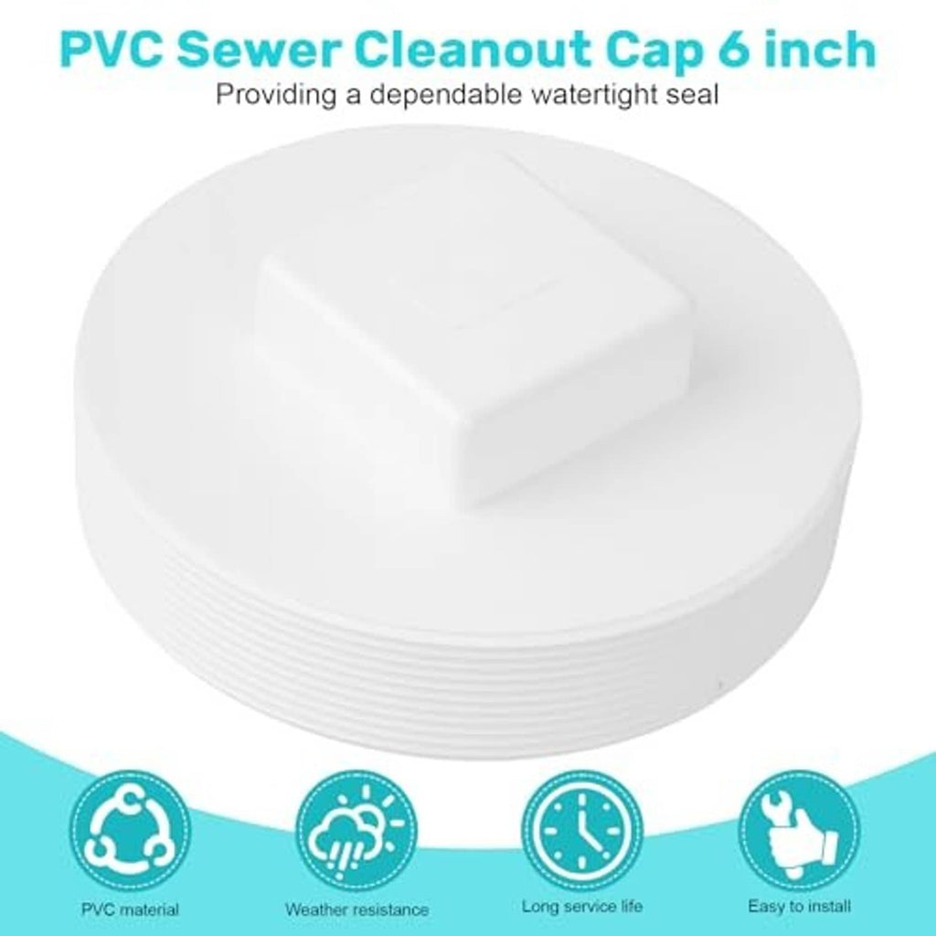 White PVC sewer cleanout cap with rectangular center top and ribbed circumference