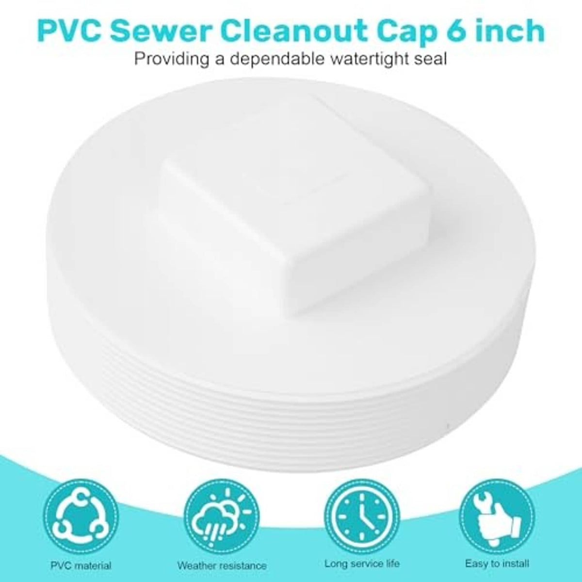 White PVC sewer cleanout cap with rectangular center top and ribbed circumference
