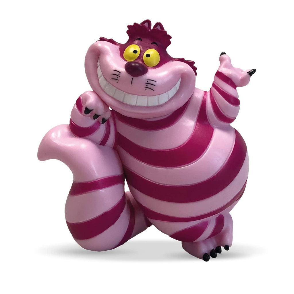 Cheshire Cat figurine with raised paw, pink-and-purple stripes and yellow eyes