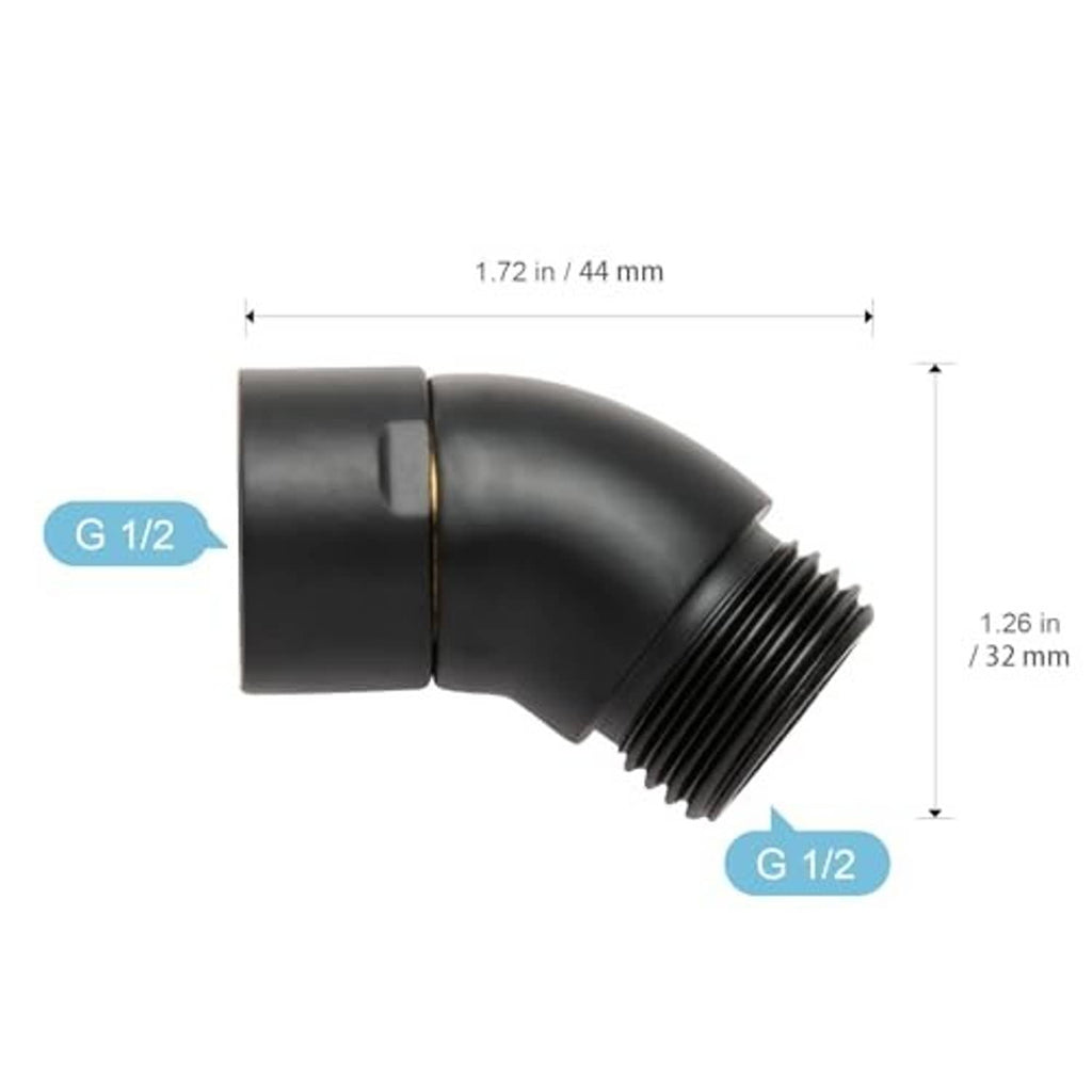 Matte black 135° shower elbow adapter showing G1/2 thread sizes and measurements