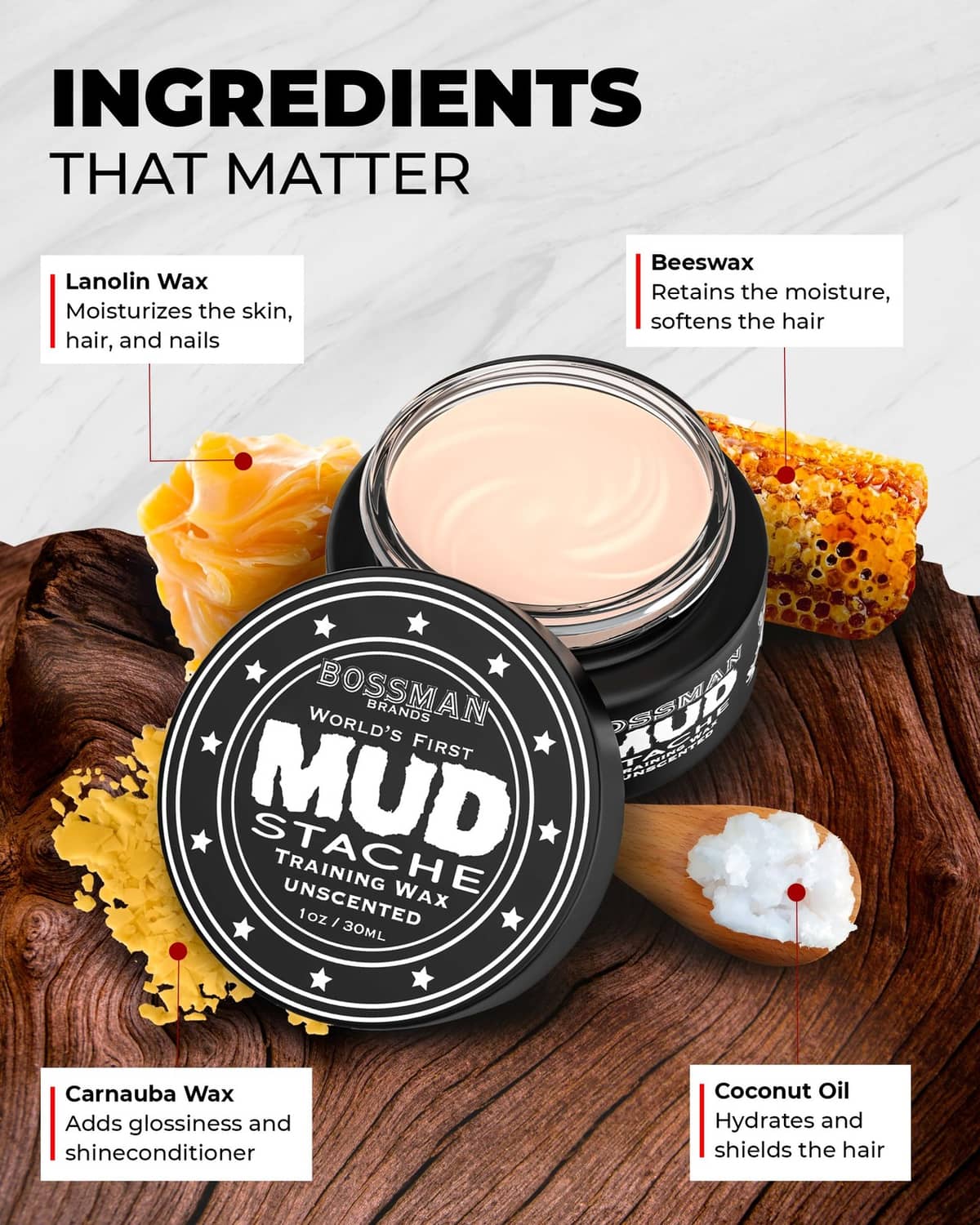Mustache wax jar with ingredient callouts beside the open lid and beige balm