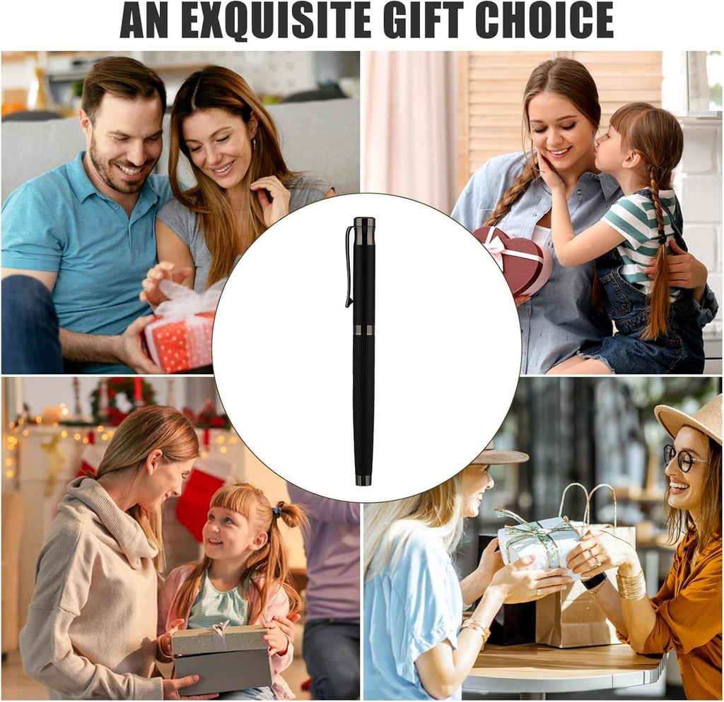 Black luxury fountain pen gift with nib; shown on a promotional collage