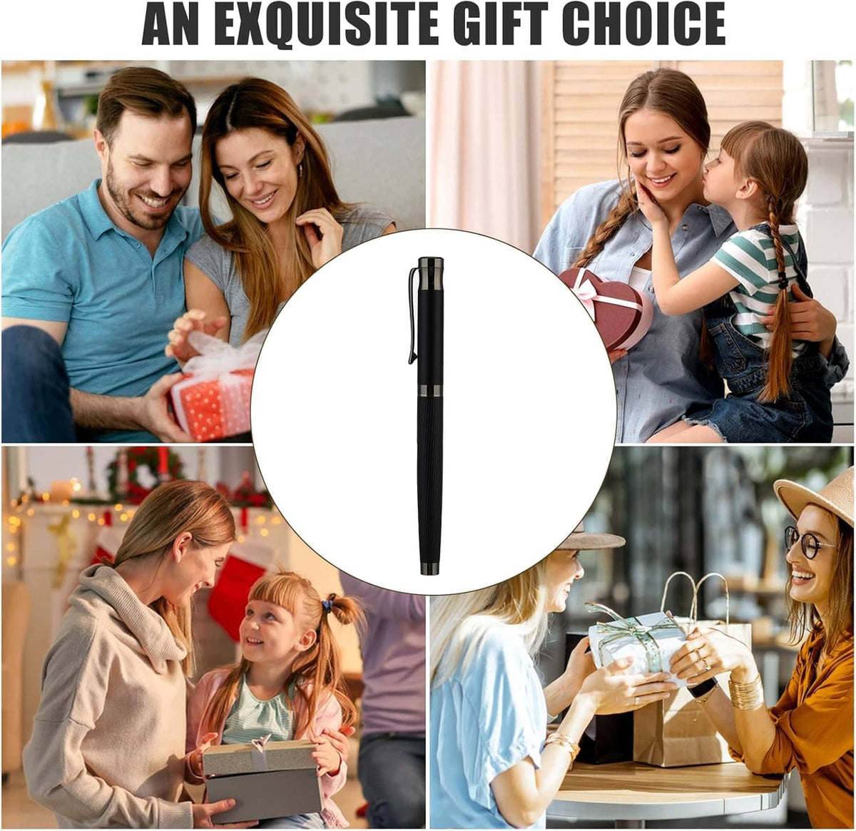 Black luxury fountain pen gift with nib; shown on a promotional collage