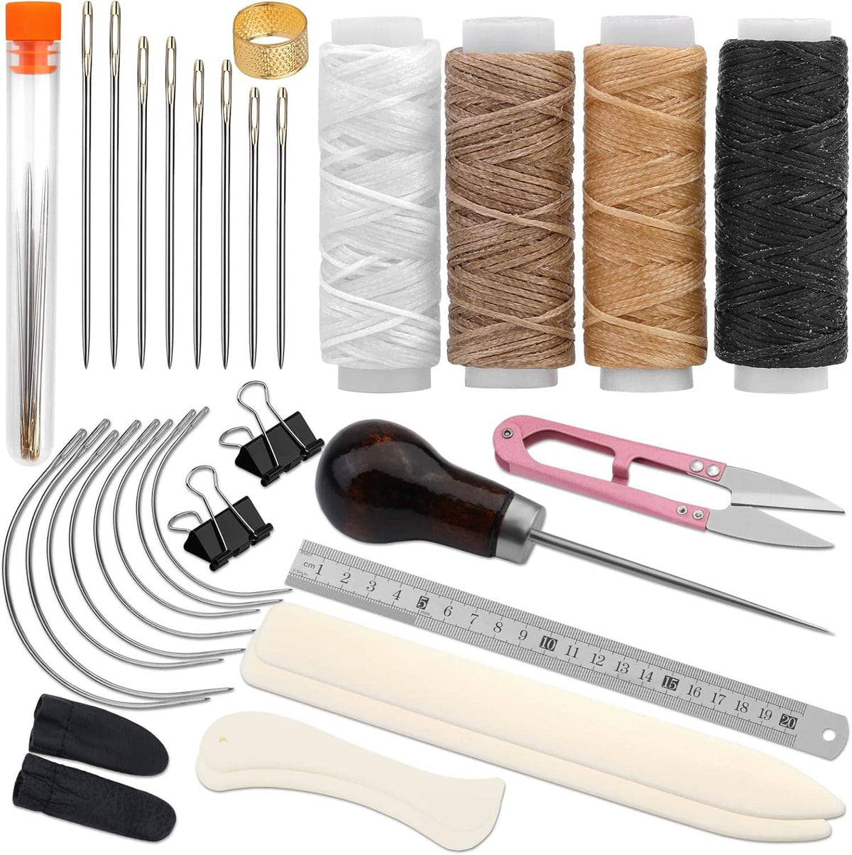Book binding kit with bone folder, needles, clips, ruler, and white to black wax thread spools