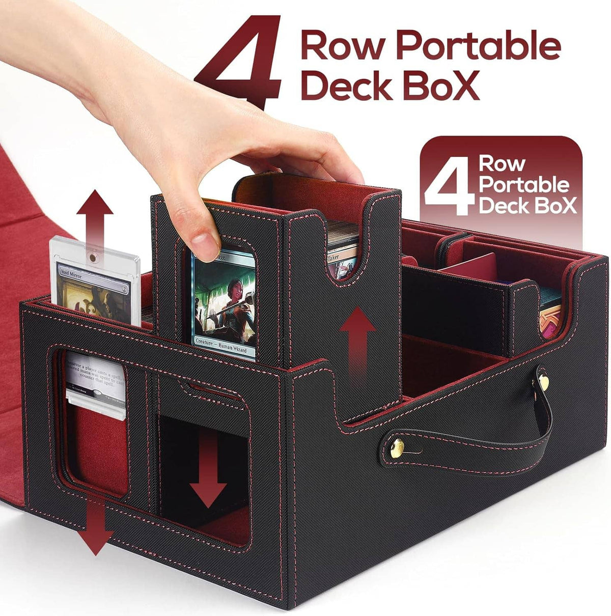 Row portable deck box with handle strap and multiple card slots, shown in open position.