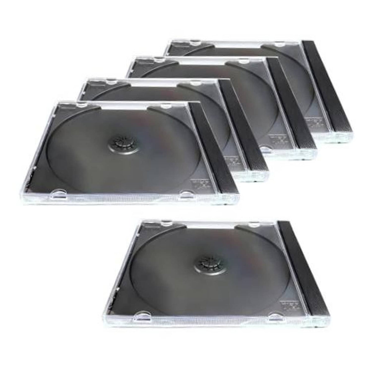 Stack of clear CD jewel cases with black trays, single-disc storage set