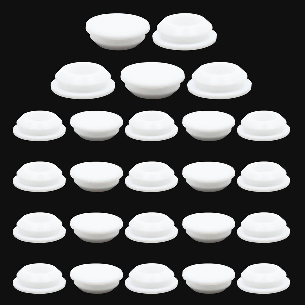White round rubber hole plugs, 25-pack showing multiple cap tops