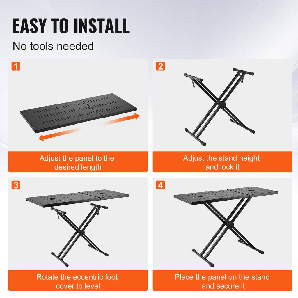 Portable DJ table with perforated panel mounted on stable double-X folding stand
