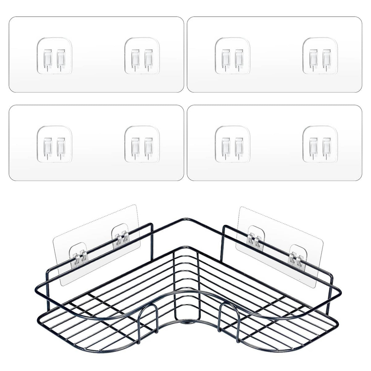 Set of four adhesive hook plates with metal clips for shower caddy mounting