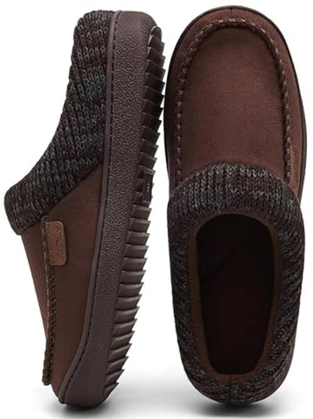 Brown slip-on moccasin slippers with dark knit upper and suede-look inner lining