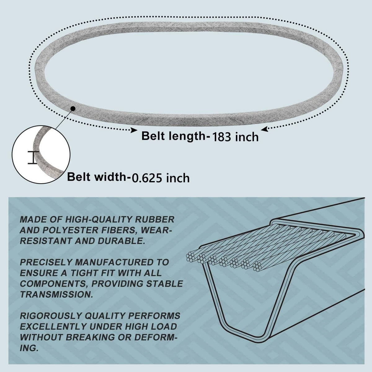 Gray deck belt showing Belt length 183 in and width 0.625 in