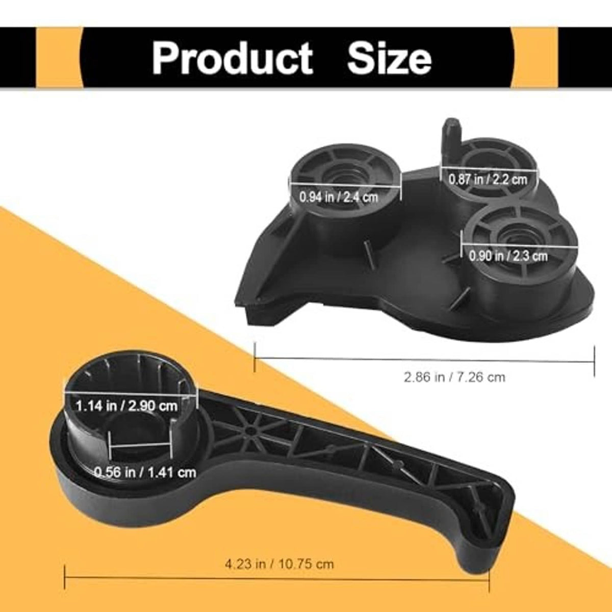 Black hood latch release handle base assembly with size markings
