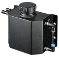 Black aluminum coolant overflow recovery tank with cap and connected hose ports
