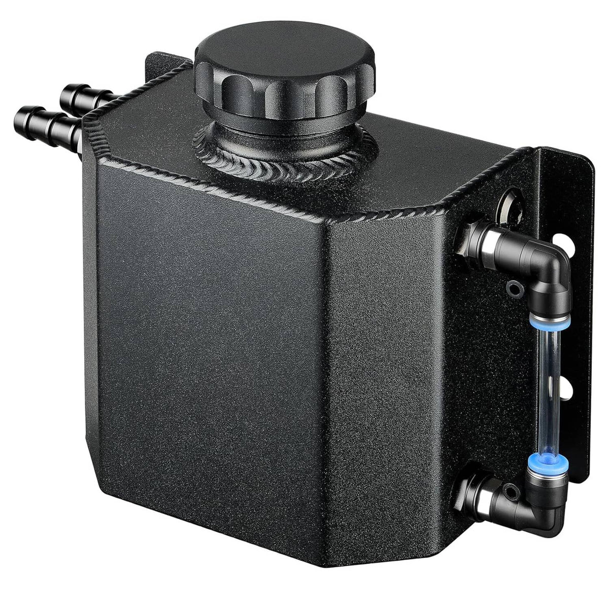 Black aluminum coolant overflow recovery tank with cap and connected hose ports