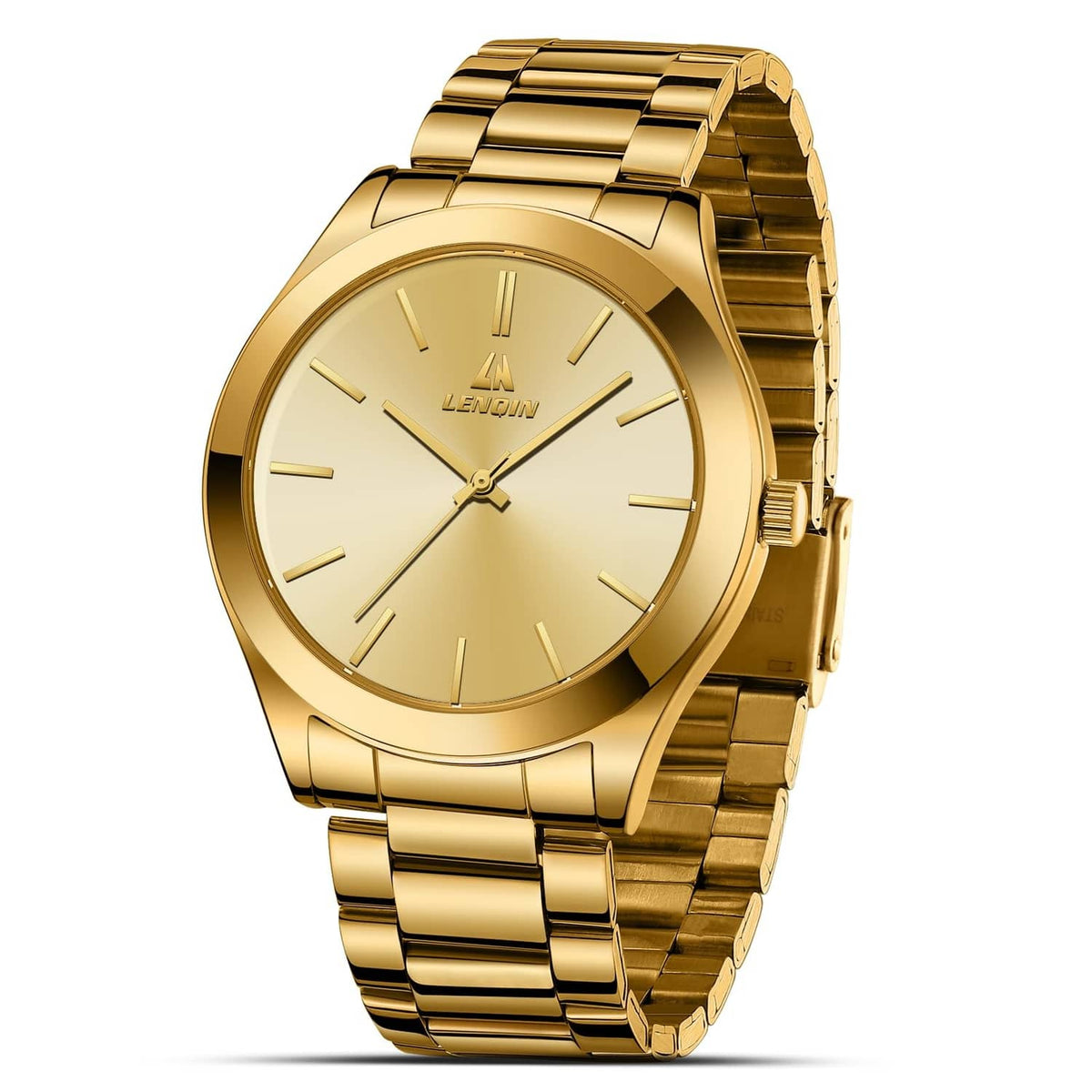 Gold stainless steel men’s wristwatch with round dial and link bracelet