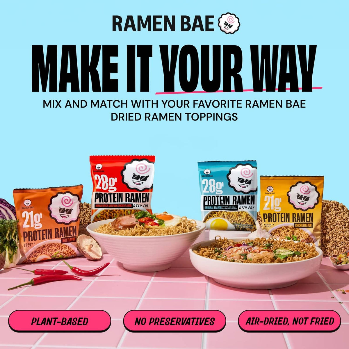 Assorted ramen bowls and noodle packs with plant-based and air-dried labels
