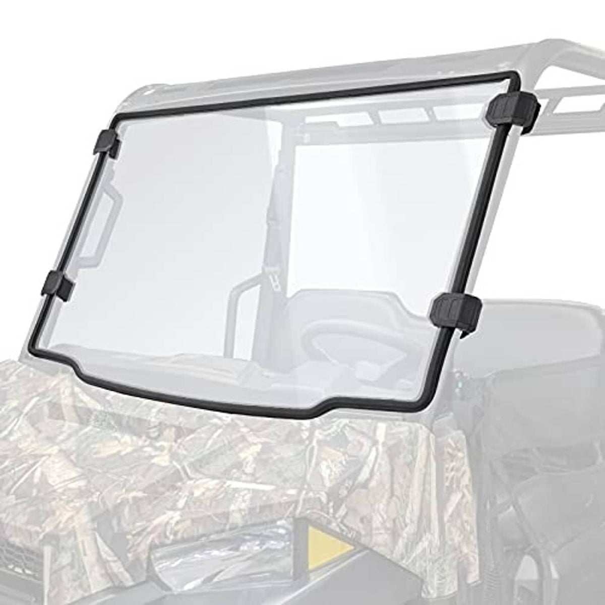 Front windshield panel, clear with black border and four snap clamps
