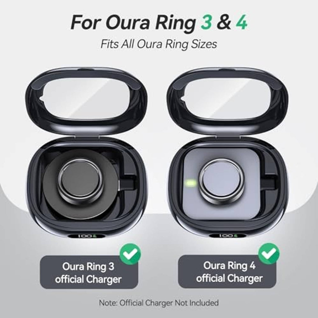 Black charging case shown open and closed with circular ring dock