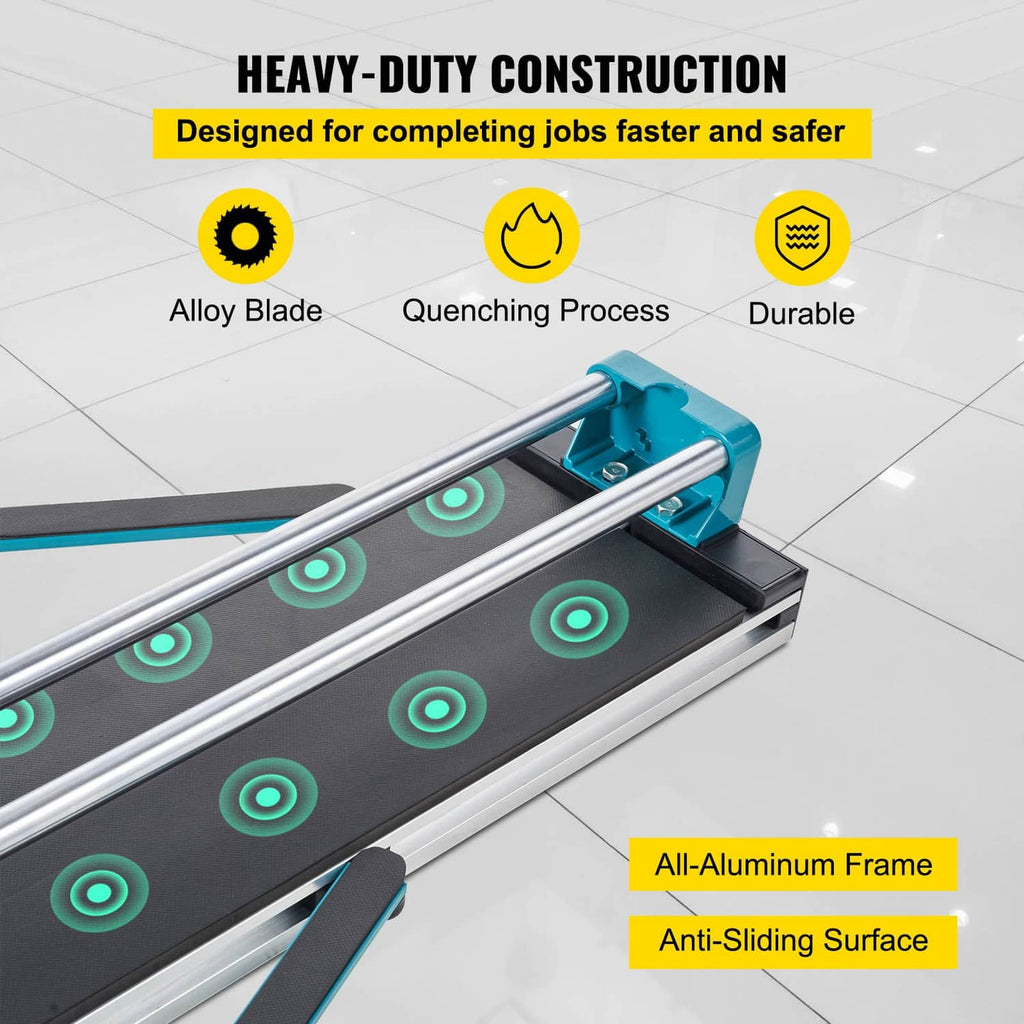Manual tile cutter with teal handle, sturdy metal frame, and anti-slip base
