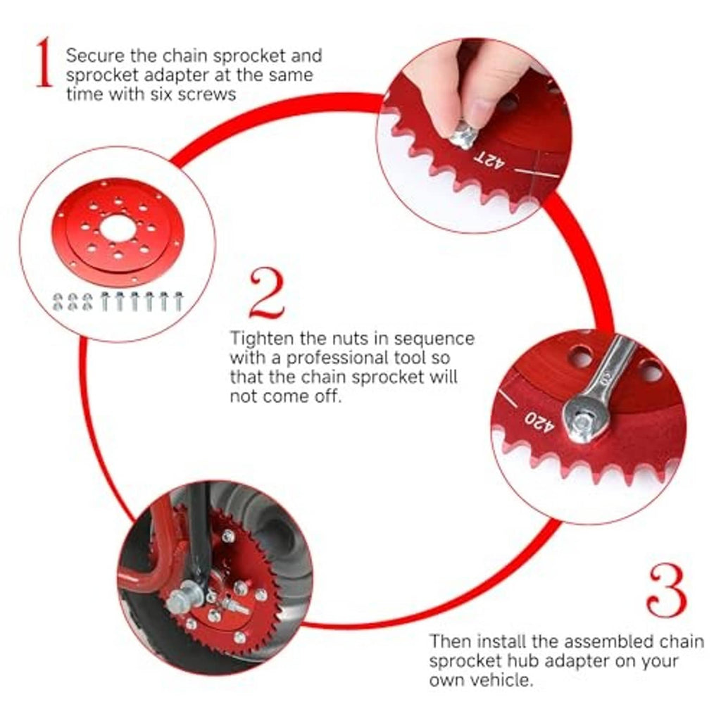 Red 42T split sprocket and hub adapter with screws and nuts installation steps
