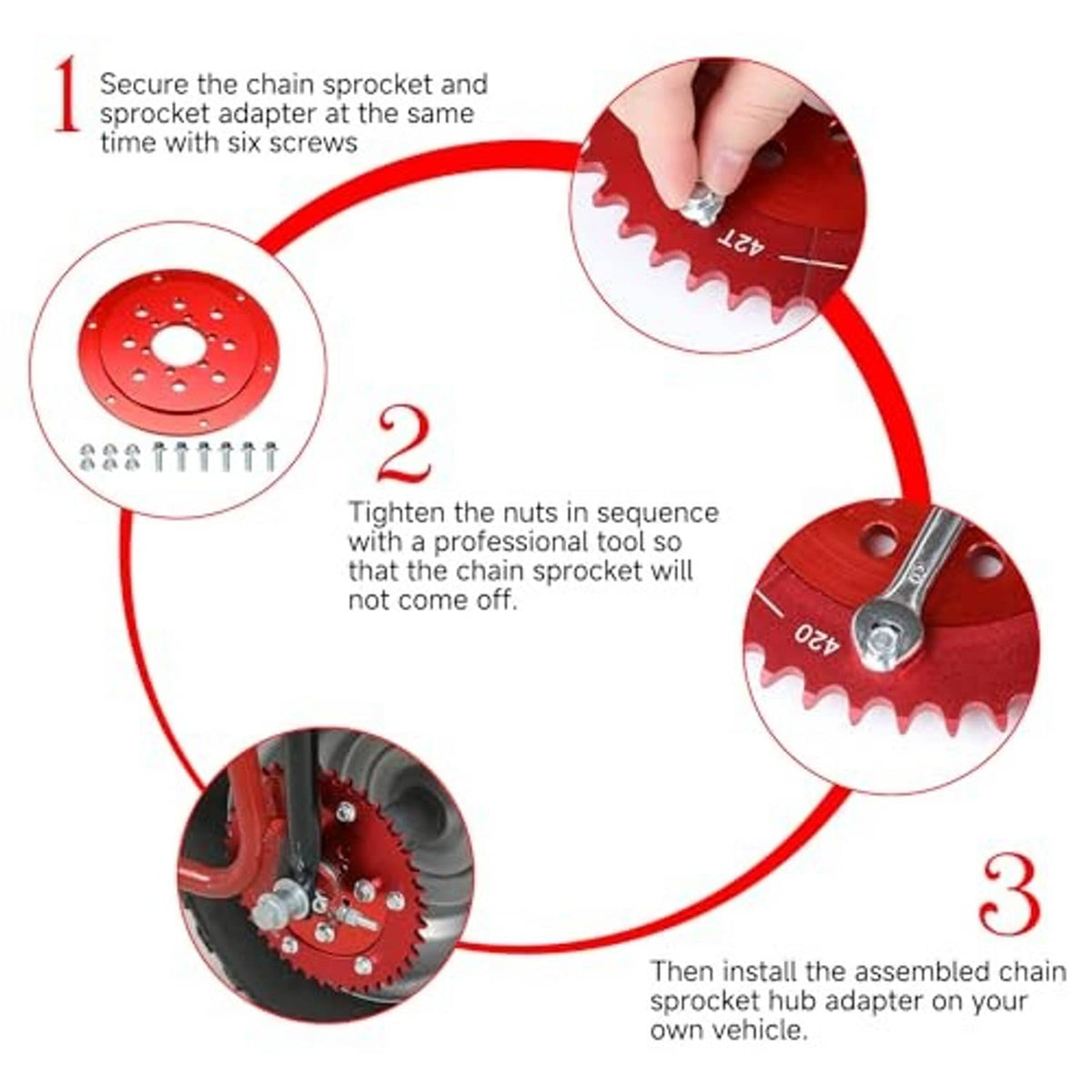 Red 42T split sprocket and hub adapter with screws and nuts installation steps
