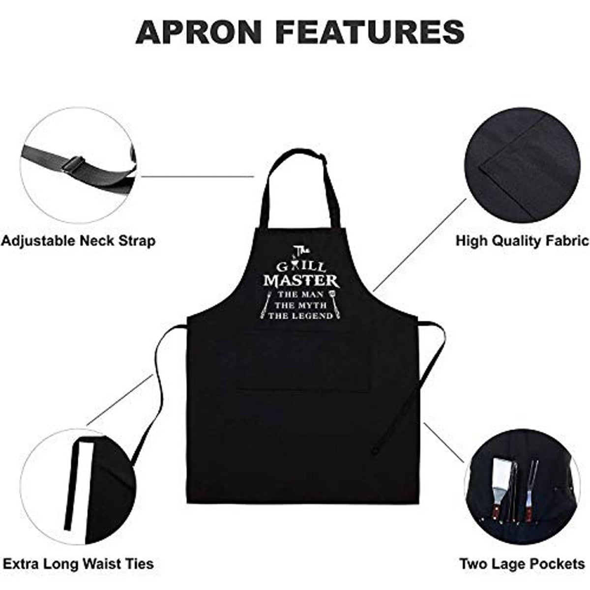 Apron features: adjustable neck strap, long waist ties, two lace pockets, thick fabric.