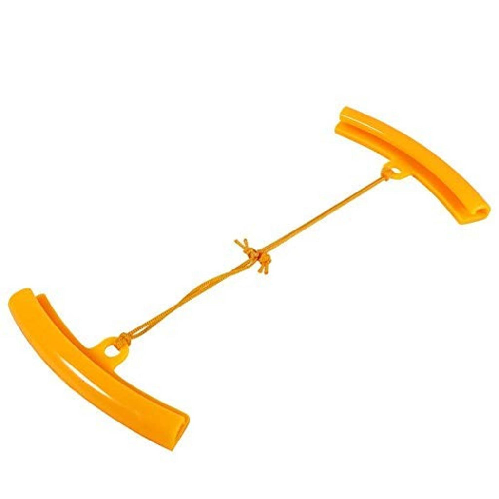 Single orange curved wheel rim protector with attached lanyard cord and hanging loop