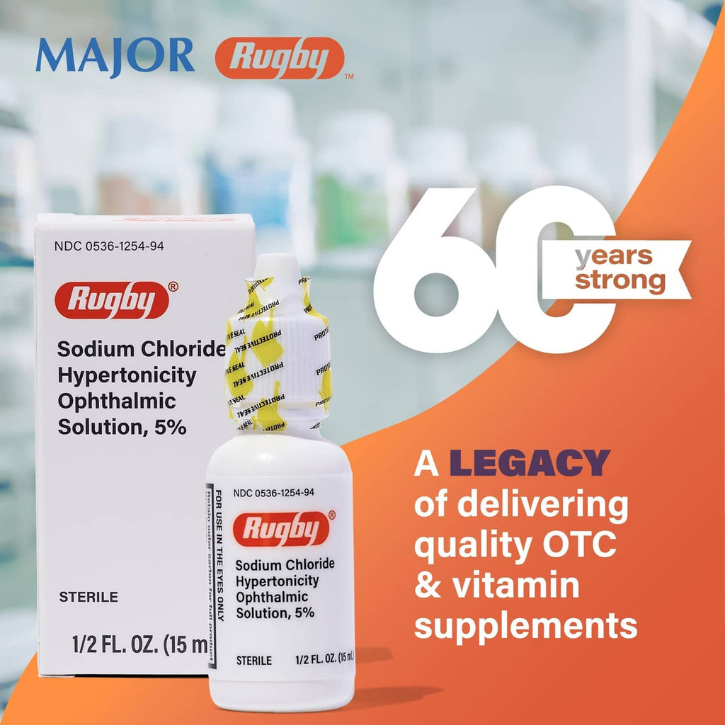 Rugby sodium chloride hypertonicity ophthalmic eye solution 5% bottle with label.