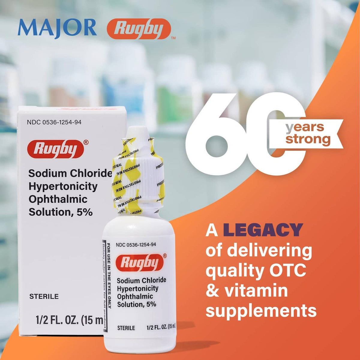 Rugby sodium chloride hypertonicity ophthalmic eye solution 5% bottle with label.