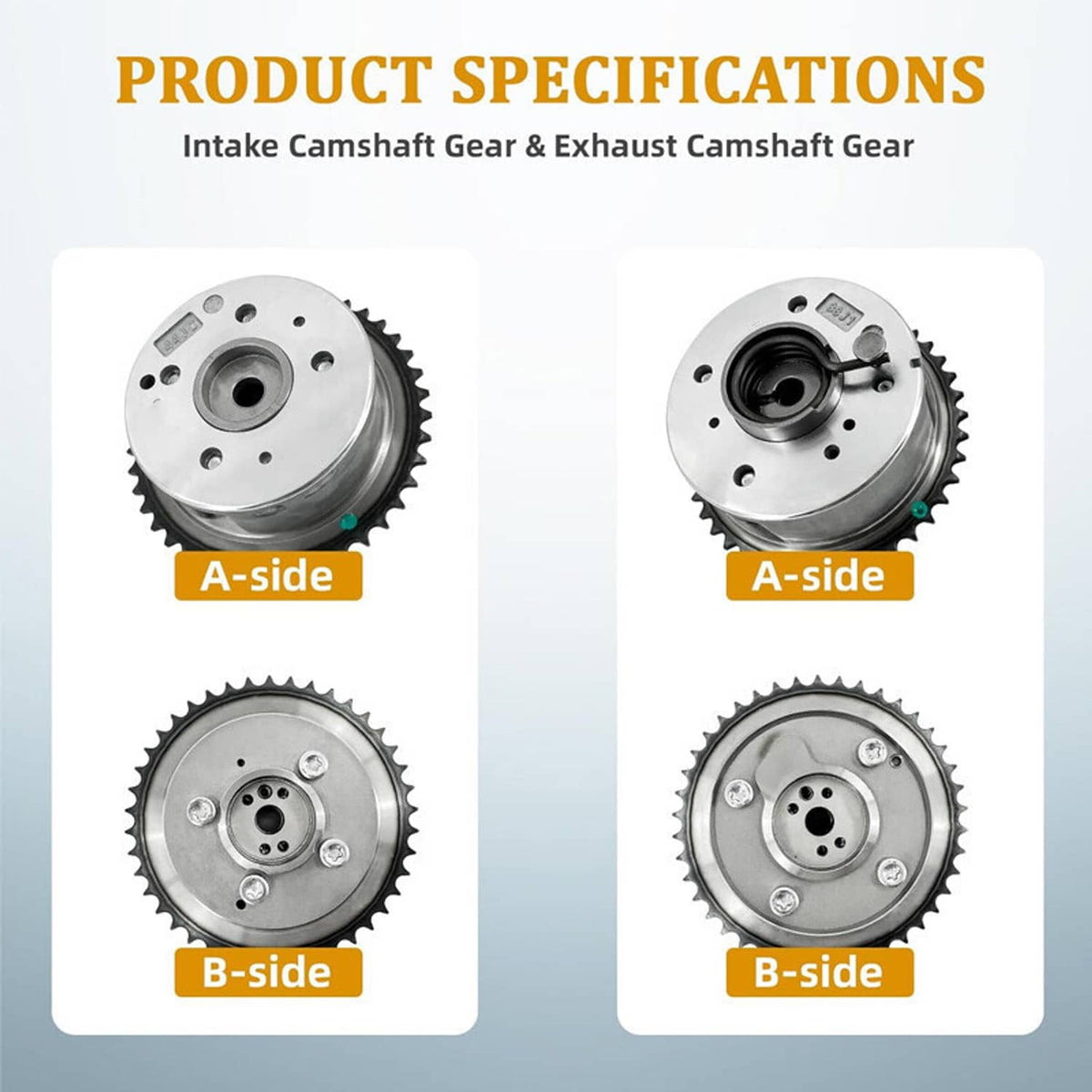 Pair of camshaft timing gears with A-side and B-side labels and sprocket teeth