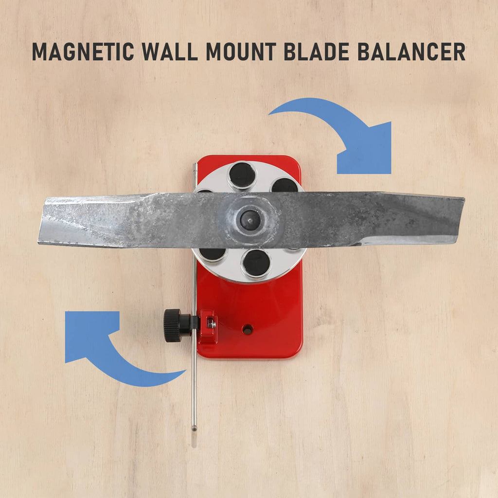 Magnetic wall-mounted blade balancer with red plate, steel bar, and magnet cups
