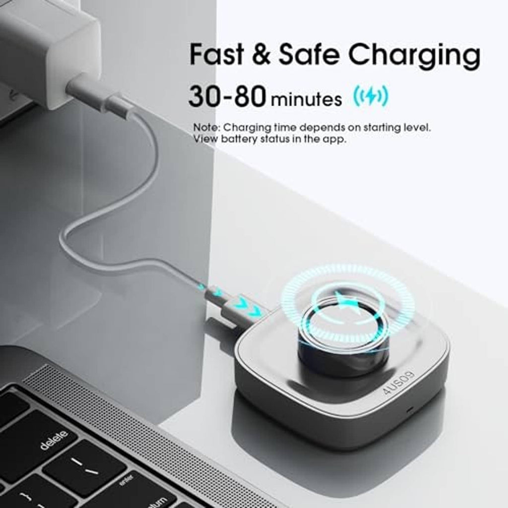 Portable Oura Ring Gen 4 charger base with connected cable and blue ring indicator light