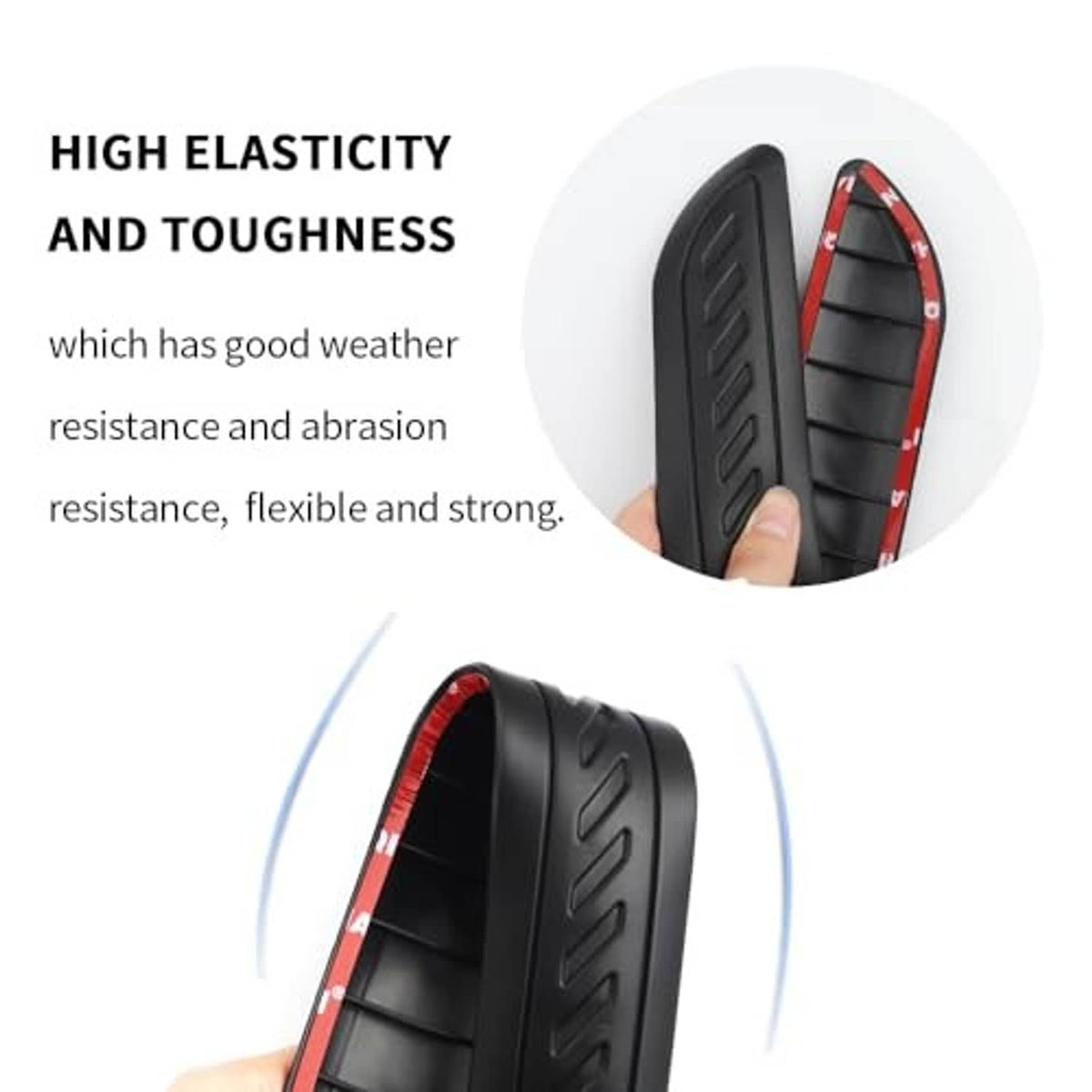 Flexible black rubber bumper guard pad held by hand, ribbed tread surface