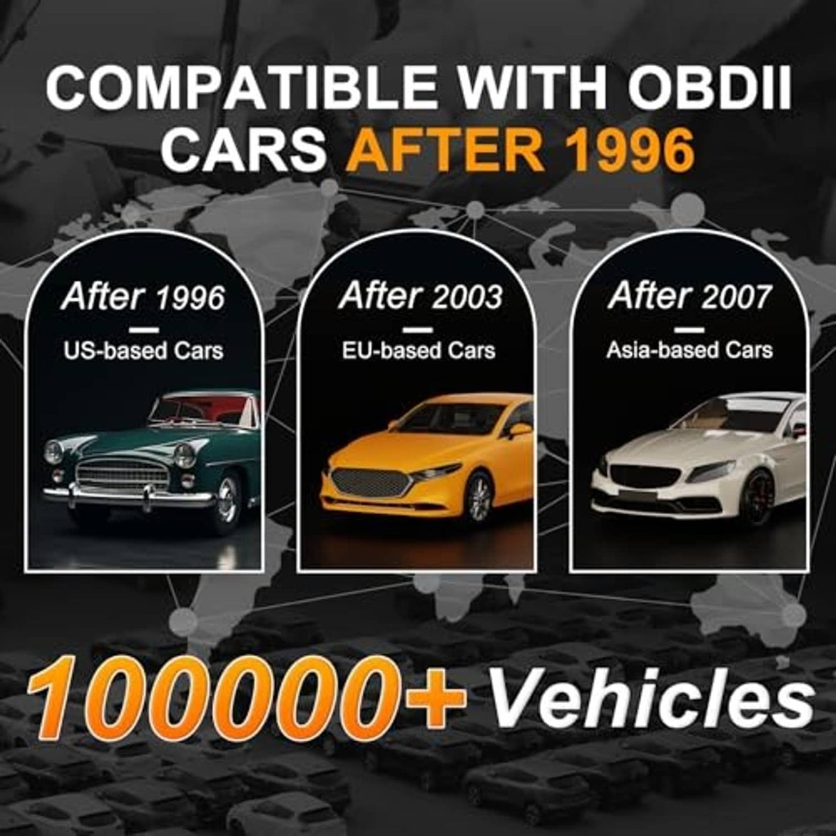 OBD2 scanner compatibility graphic with car silhouettes for after 1996 vehicles