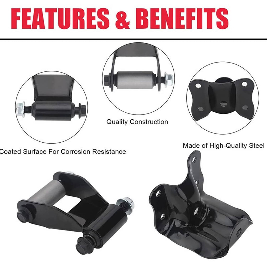 Rear leaf spring shackles and hanger brackets with corrosion-resistant coated steel look