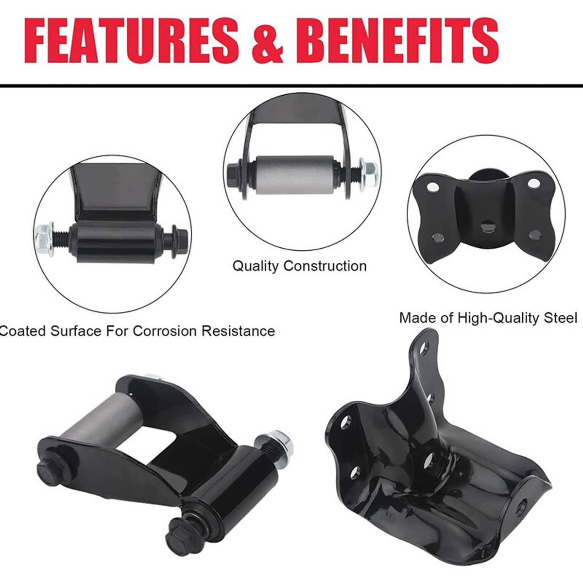 Rear leaf spring shackles and hanger brackets with corrosion-resistant coated steel look