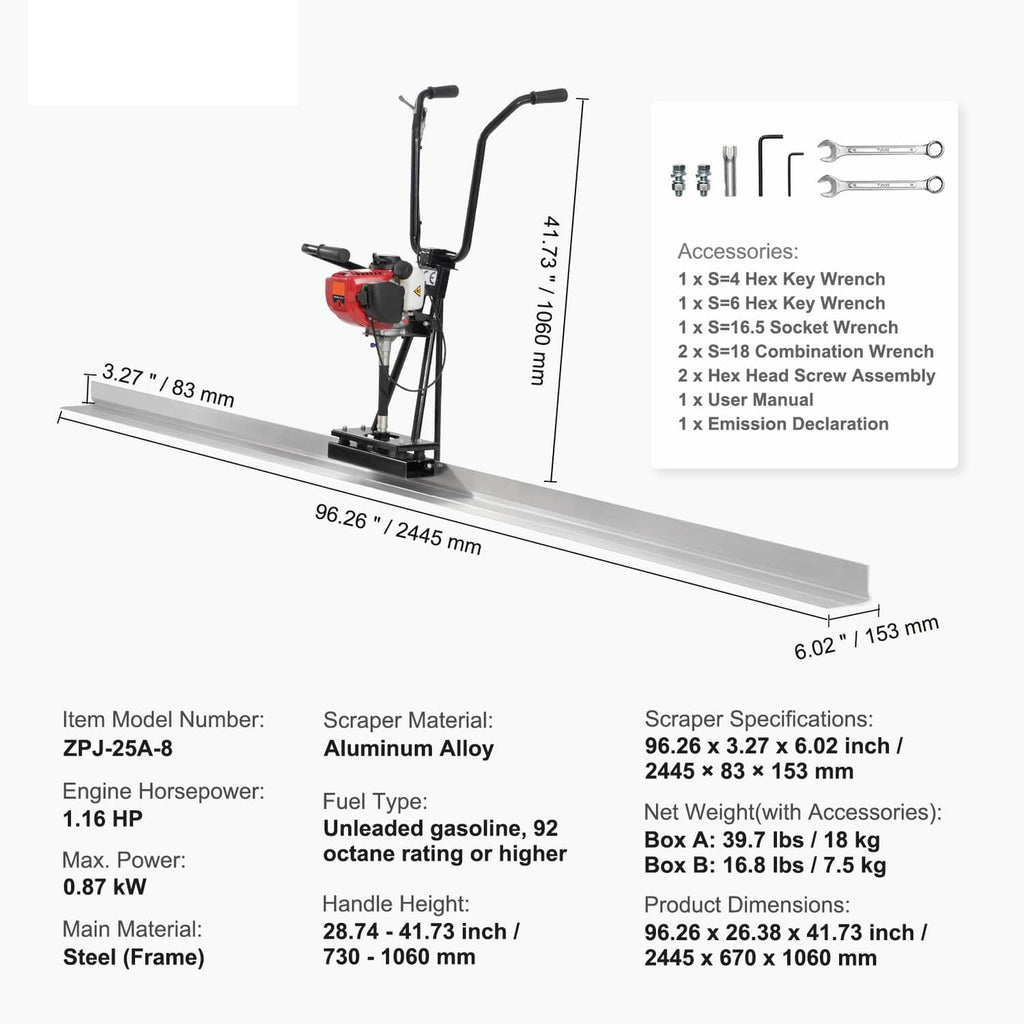 Gas concrete screed power float shown with dimensions and 8 ft blade board
