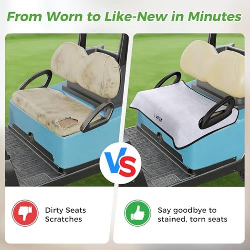 Golf cart seat cover comparison panel showing clean light tan fabric vs stained