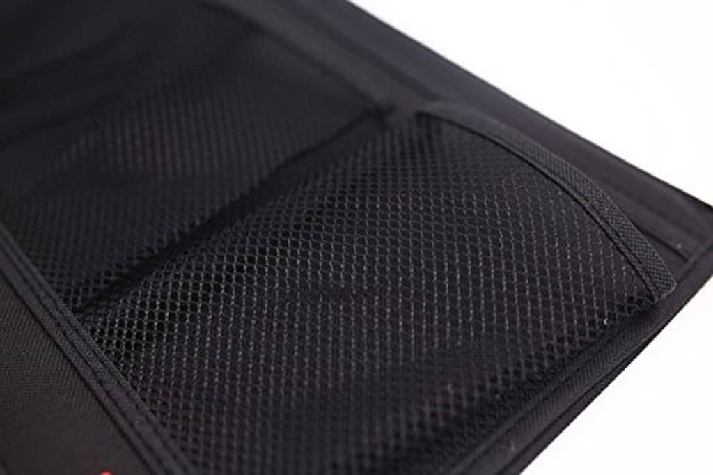 Black mesh pocket panel with stitched border for bedside storage caddy