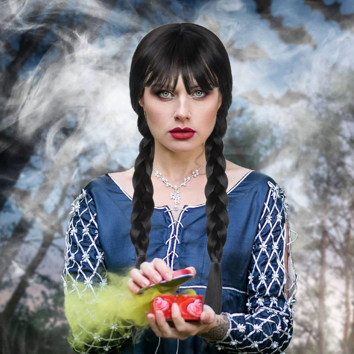 Black braided wig with bangs, long twin braids and straight fringe