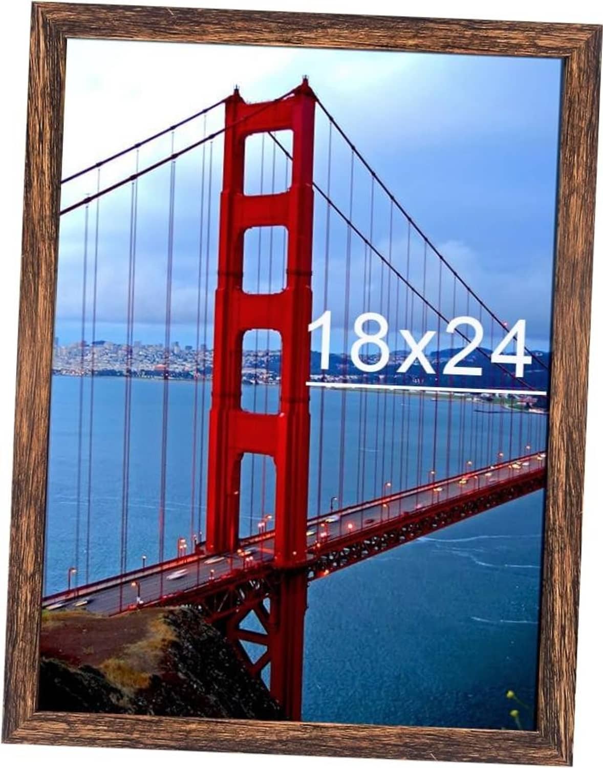 Brown 18x24 poster frame with glass front, displaying a landscape photo