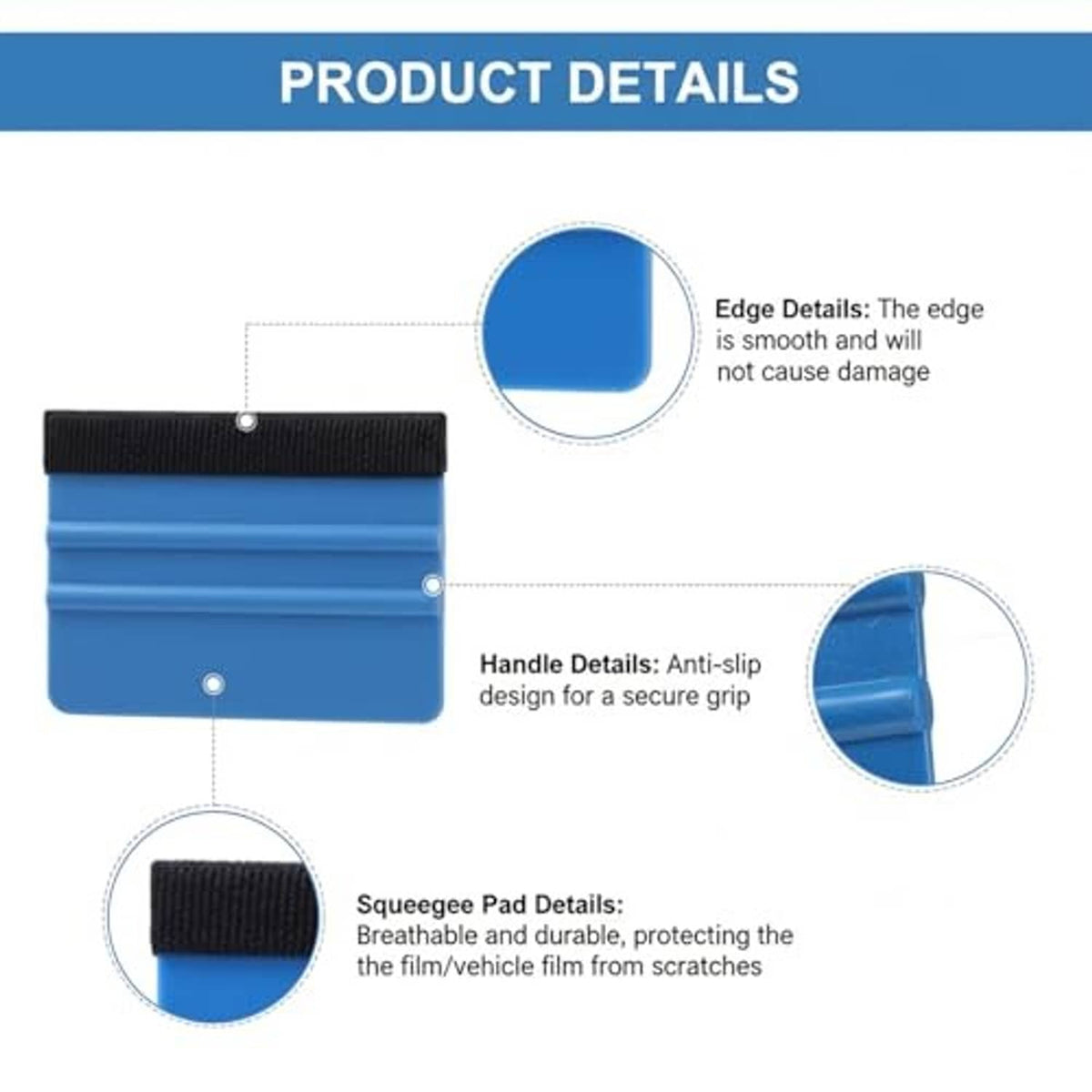 Blue felt squeegee with black anti-slip grip strap and smooth, protected edge