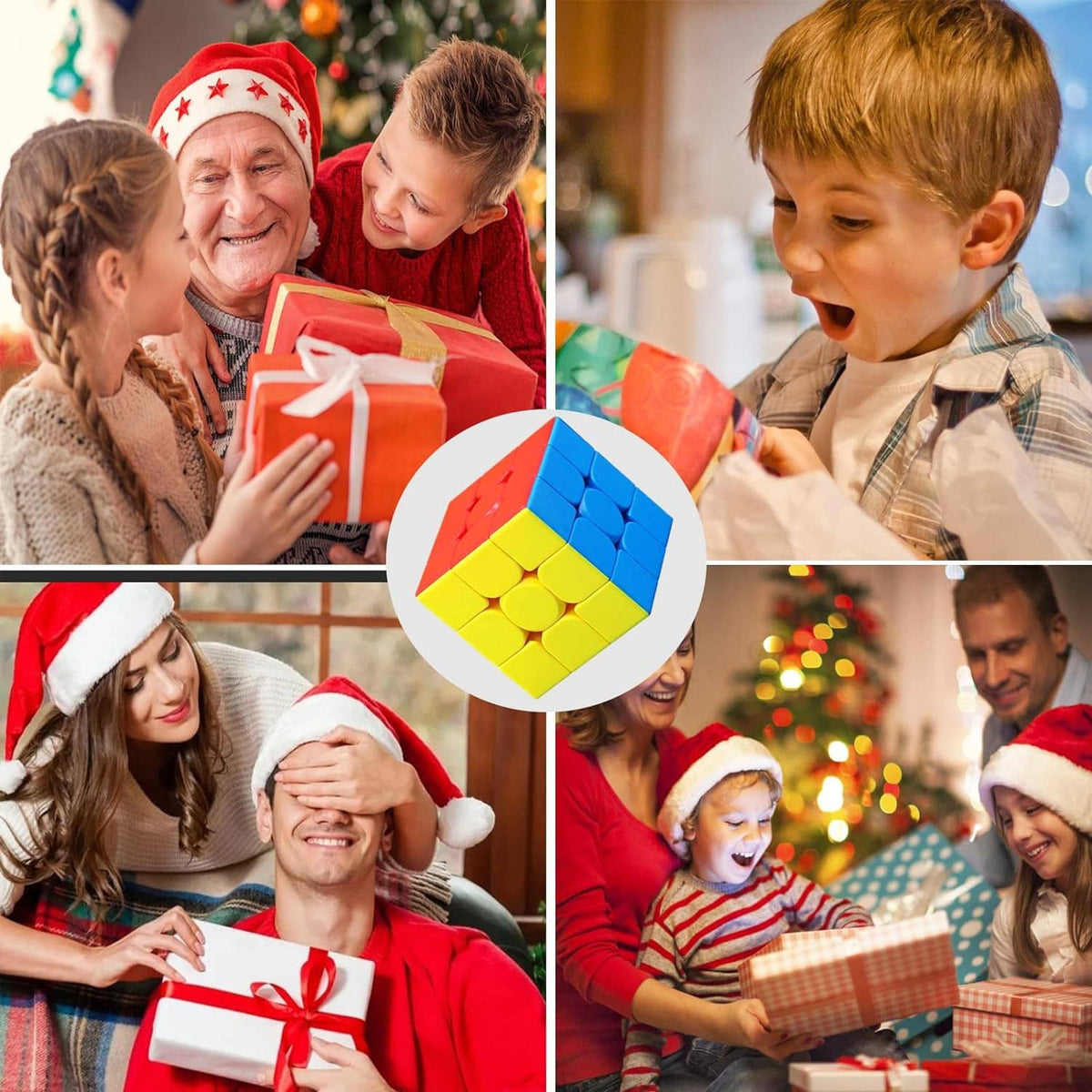 Stickerless 3x3 speed cube held by a child, multicolor blue, yellow, and red faces