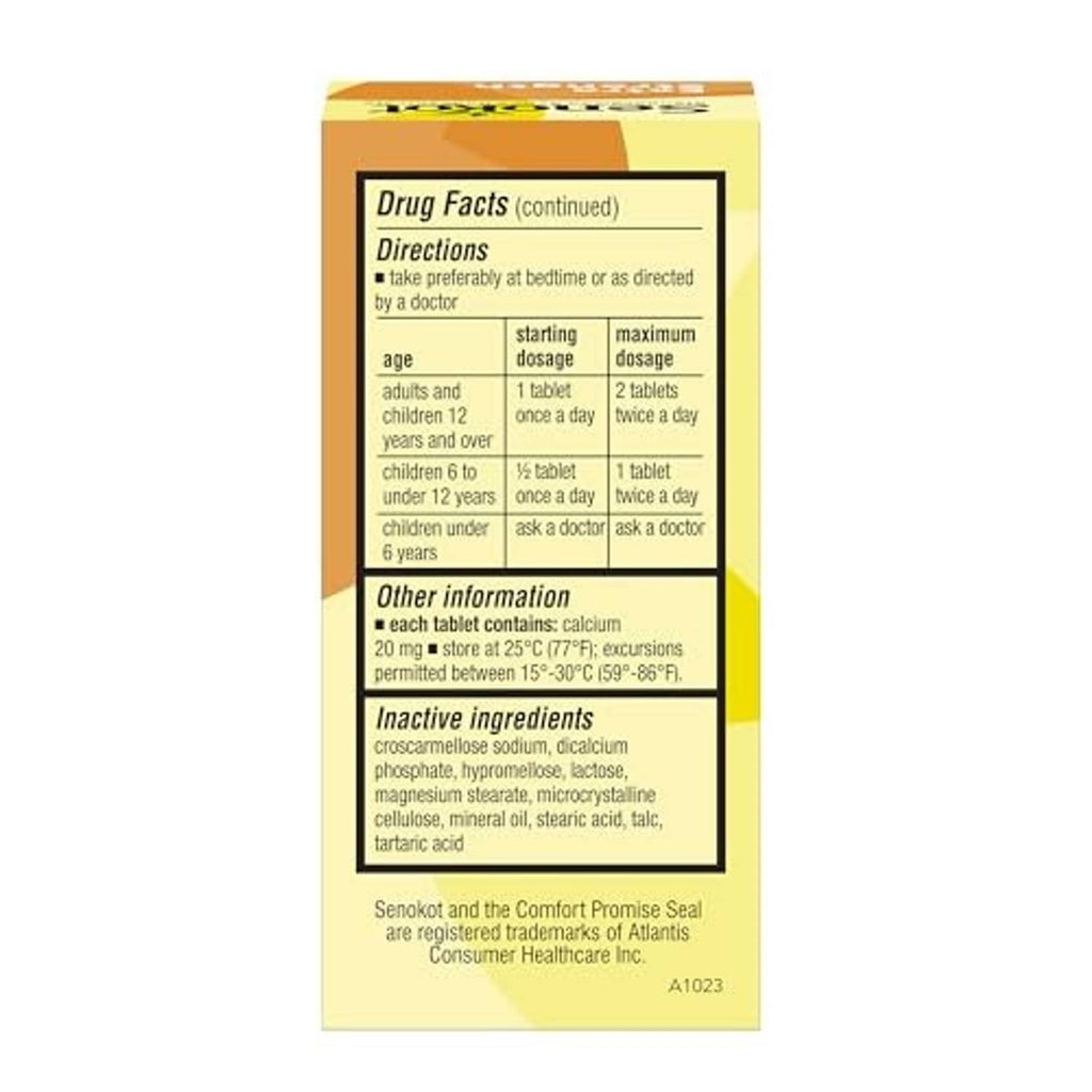Senokot Extra Strength laxative box back panel with directions and inactive ingredients