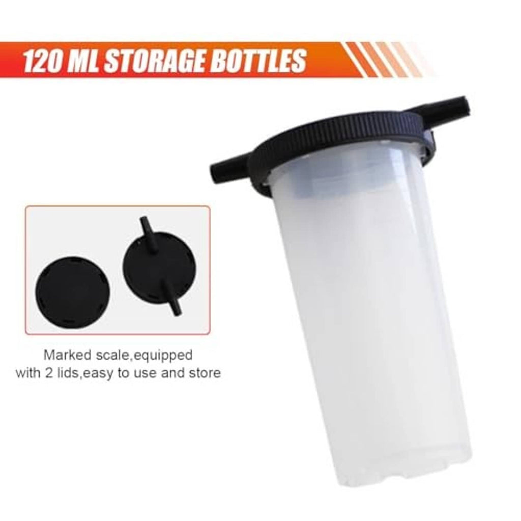 Clear storage bottle for brake fluid with black cap lids, marked scale.