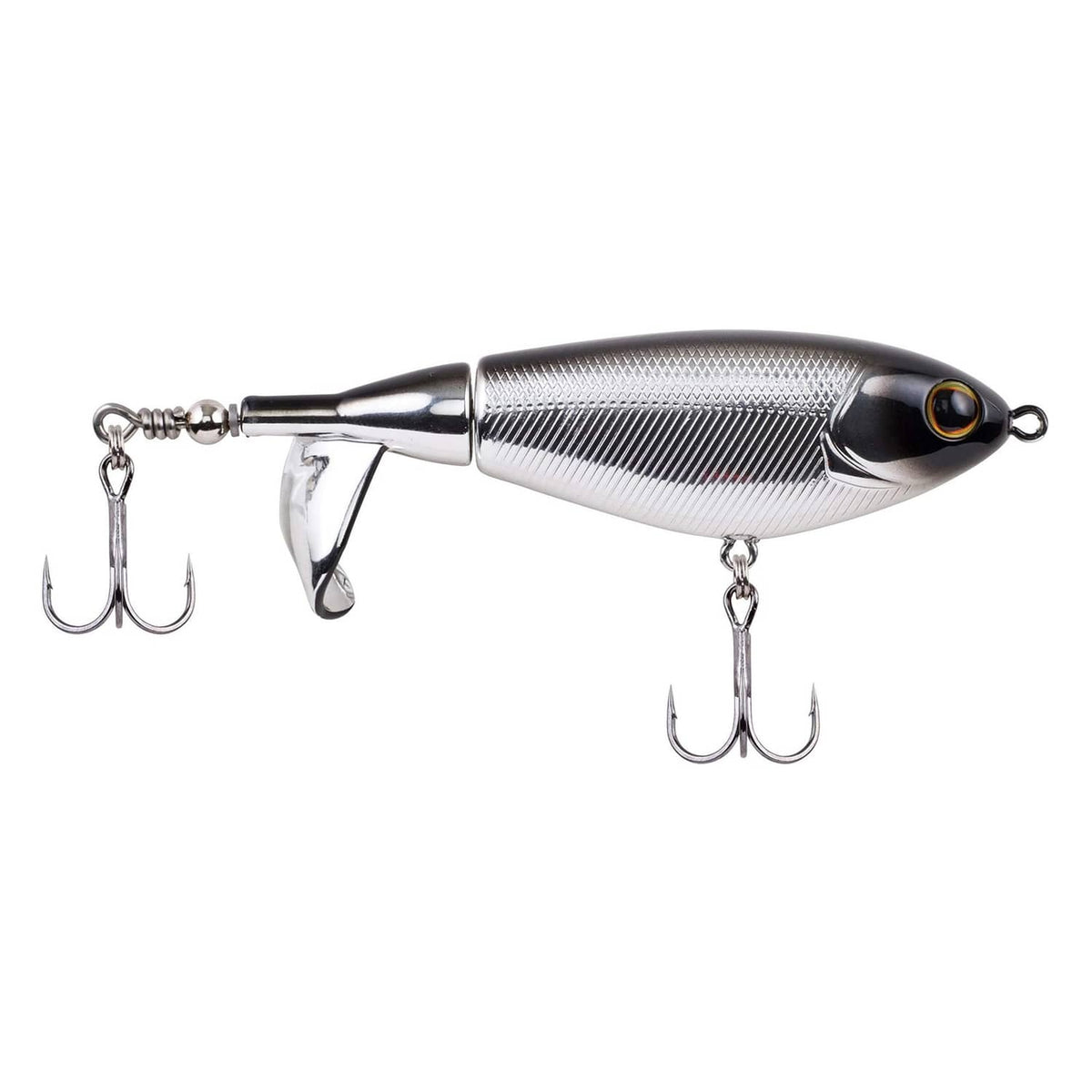 Topwater fishing lure with silver ribbed body, dark back, cupped propeller tail, and hooks