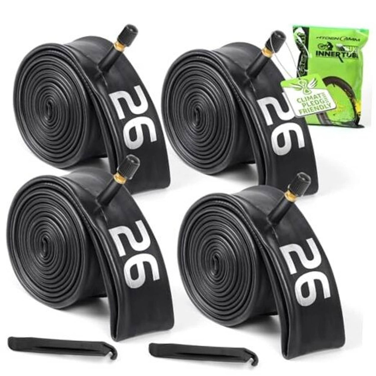 Black bicycle inner tubes set with valves, tightly coiled in four-pack bundle.