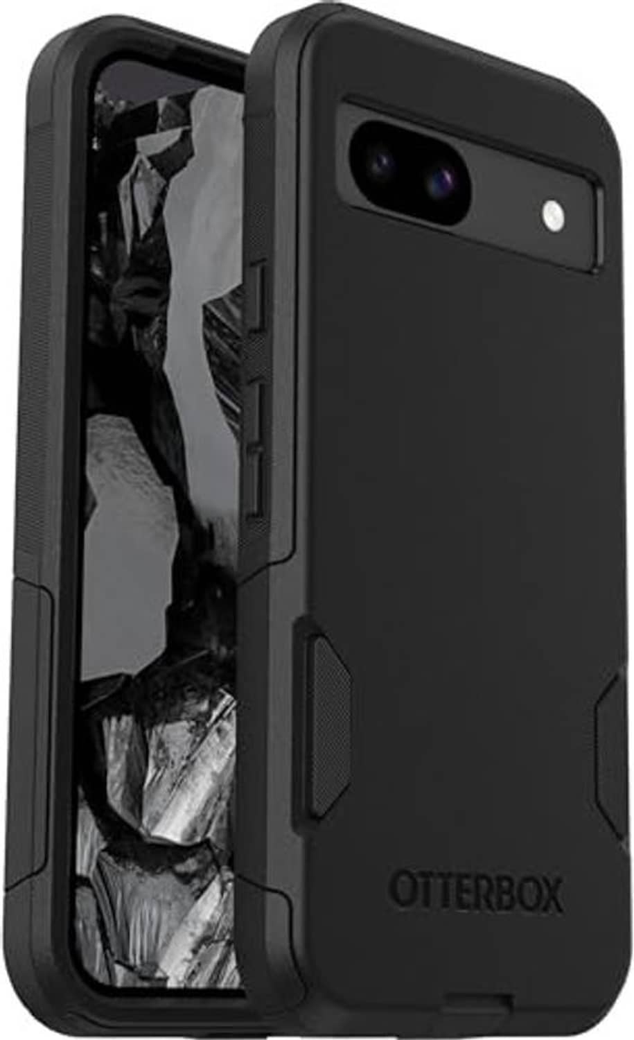 Google Pixel 8A OtterBox Commuter case, black slim shell with raised edge and camera opening