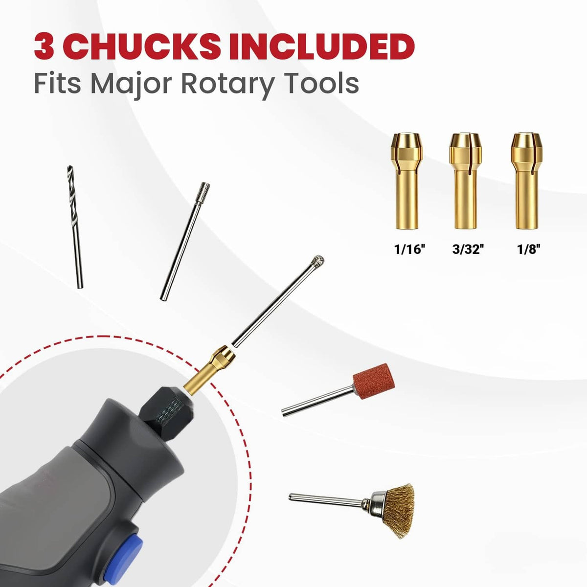 Rotary tool chucks set with 1/16, 3/32 and 1/8 inch sizes and matching bits